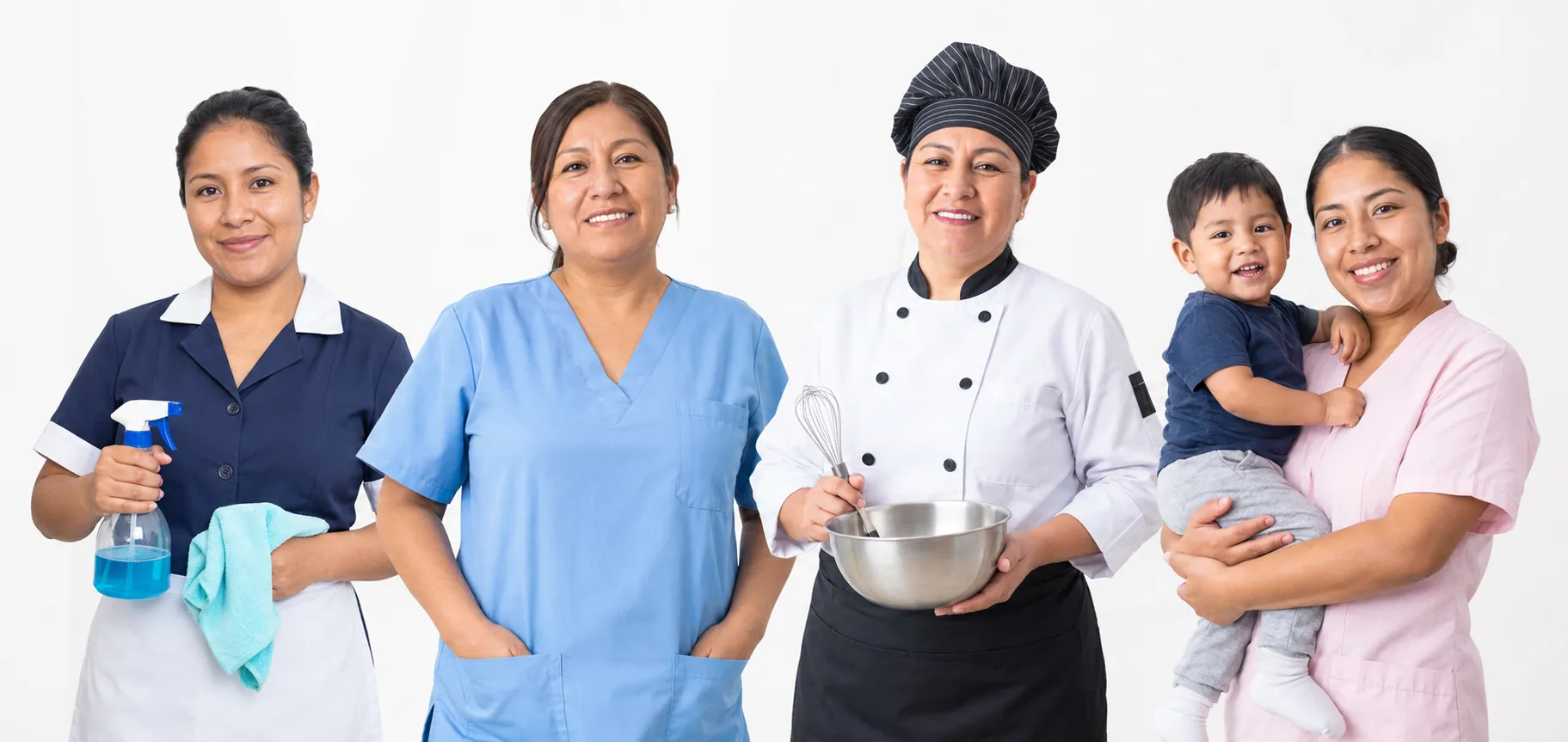 Profesionales peruanas de limpieza, cuidado, cocina y atención infantil