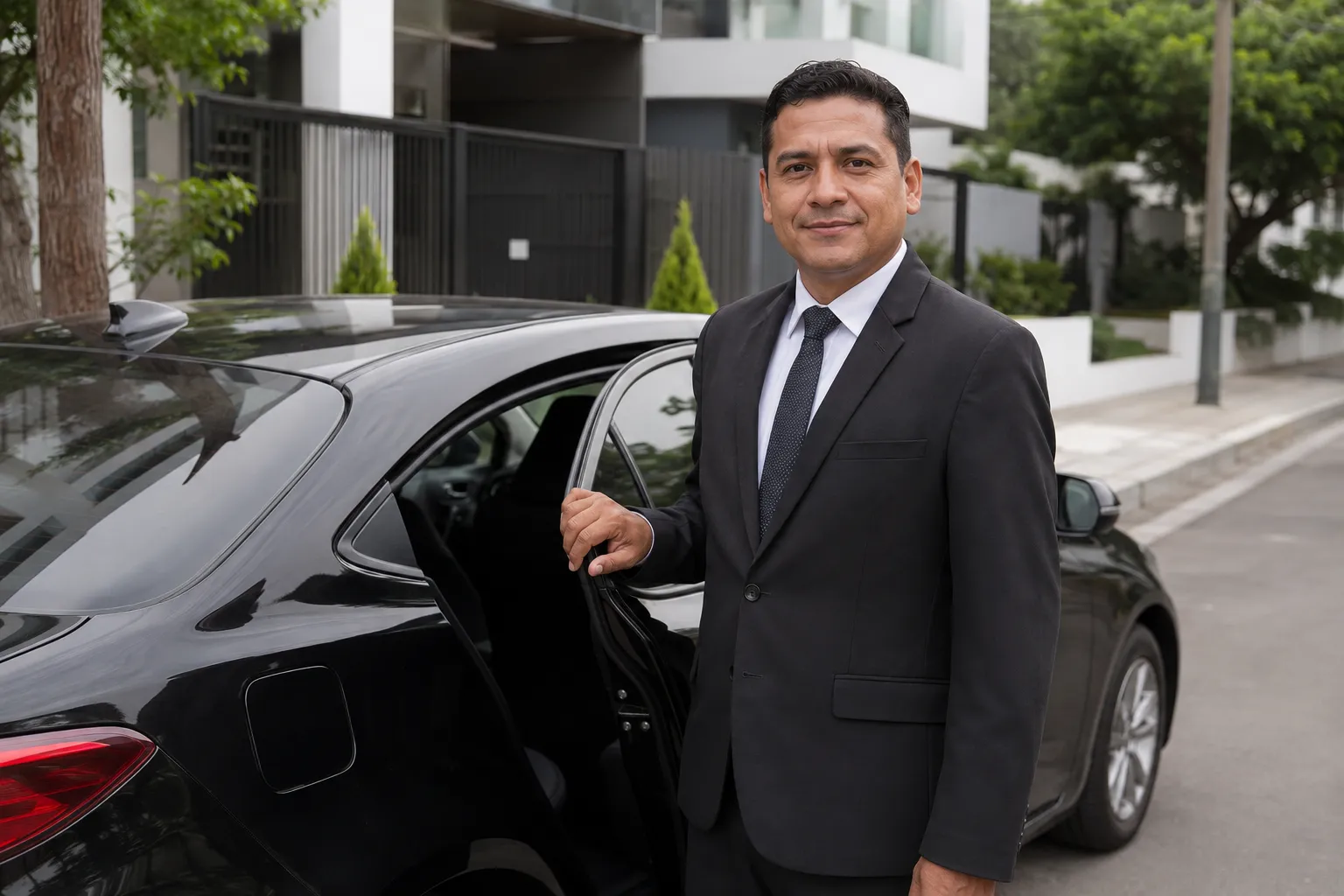 Chofer profesional peruano junto a un vehículo familiar